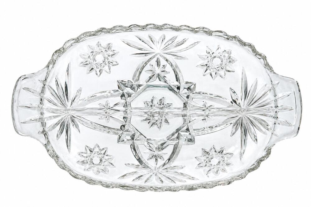 Vintage Clear Cut Glass Relish Tray Oval Handled Serving Dish Candy Nut Bowl